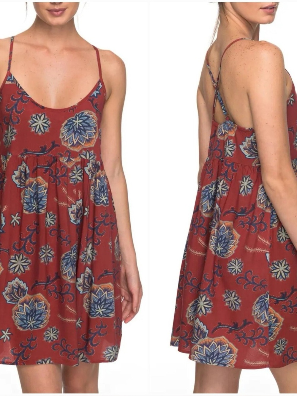 Roxy tropical Sundance print babydoll mini dress coverup rust spaghetti straps